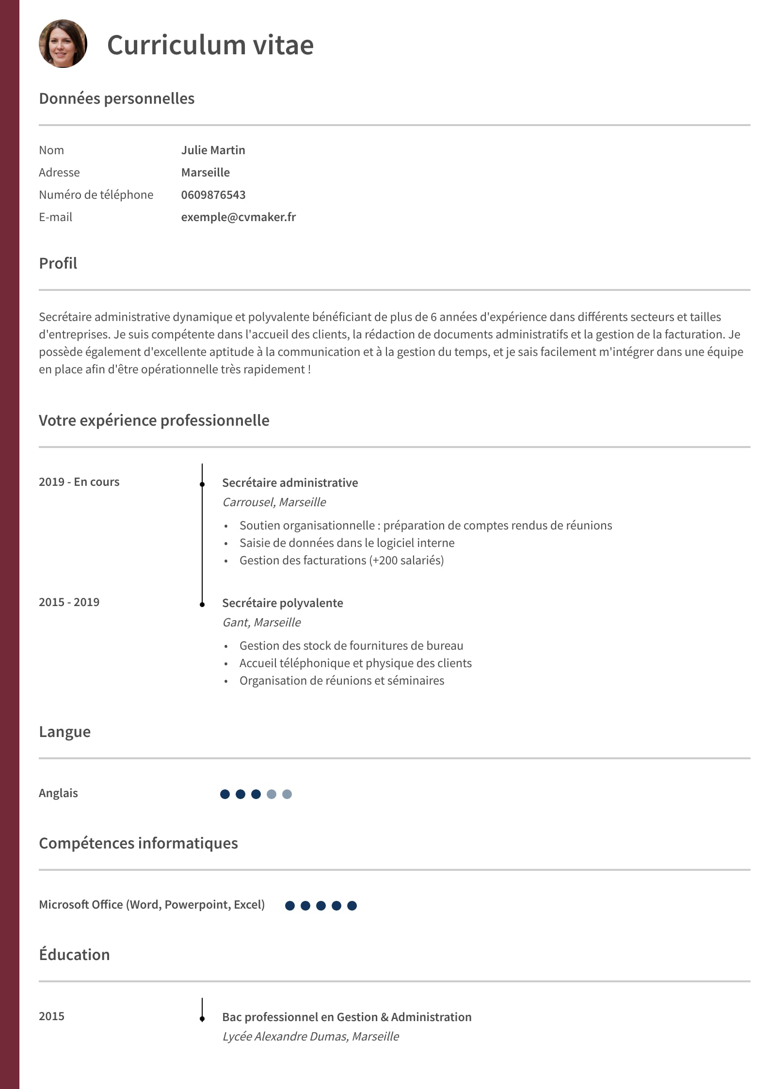 CV exemple secretaire